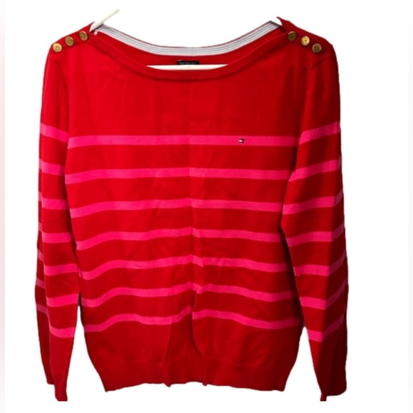 Tommy Hilfiger Pink and Red Sweater with Button Shoulder Detail - Size Large - Picture 1 of 6